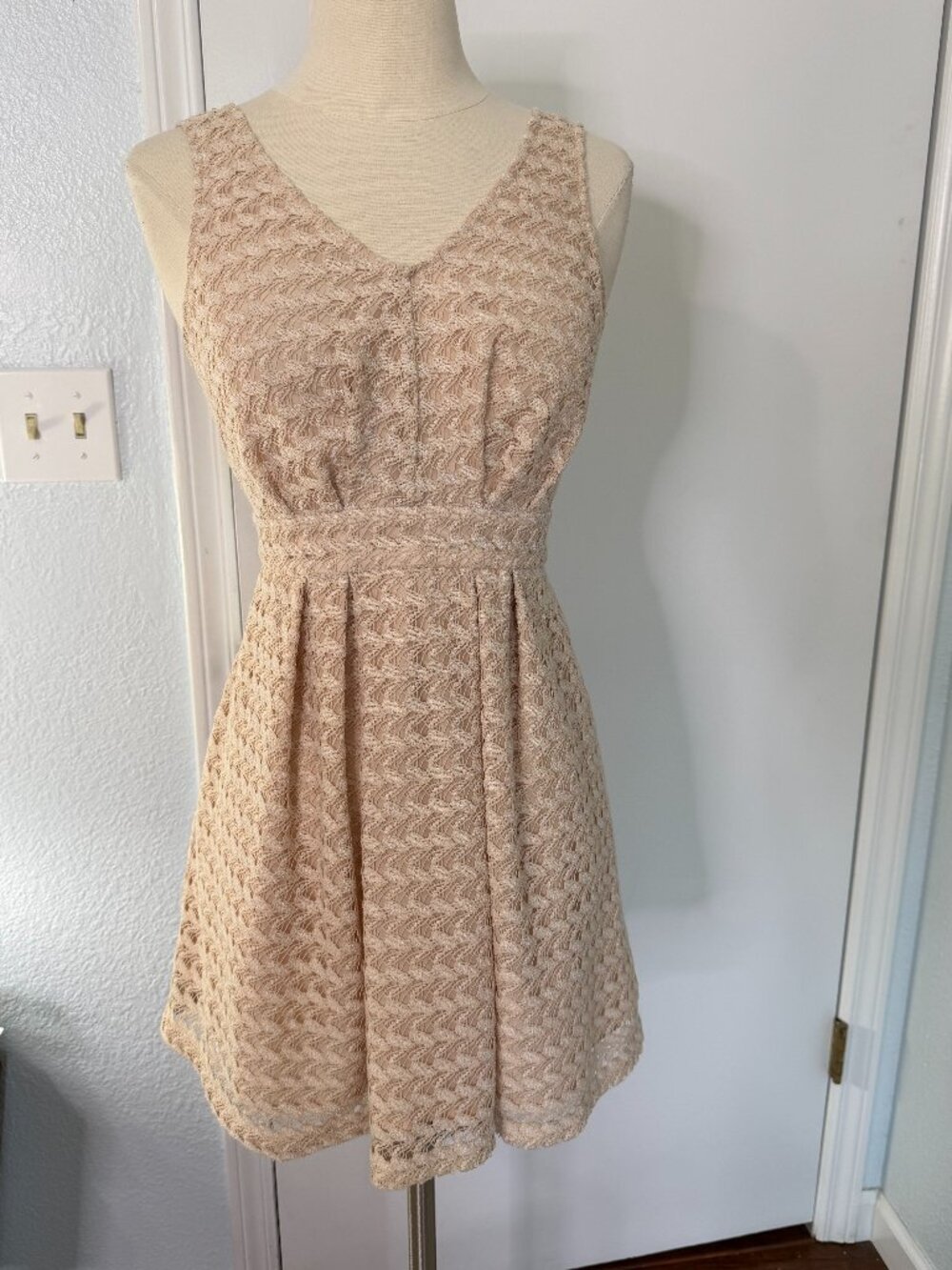 BCBG Generation Beige Lace Fit & Flare Dress Size 0 Deep V Back